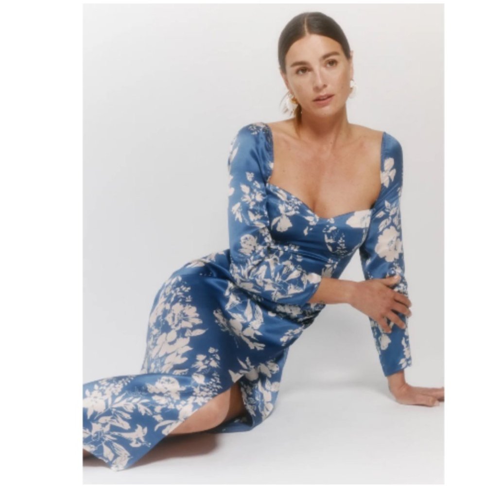Reformation Gloriana Silk Dress in Cyanotype